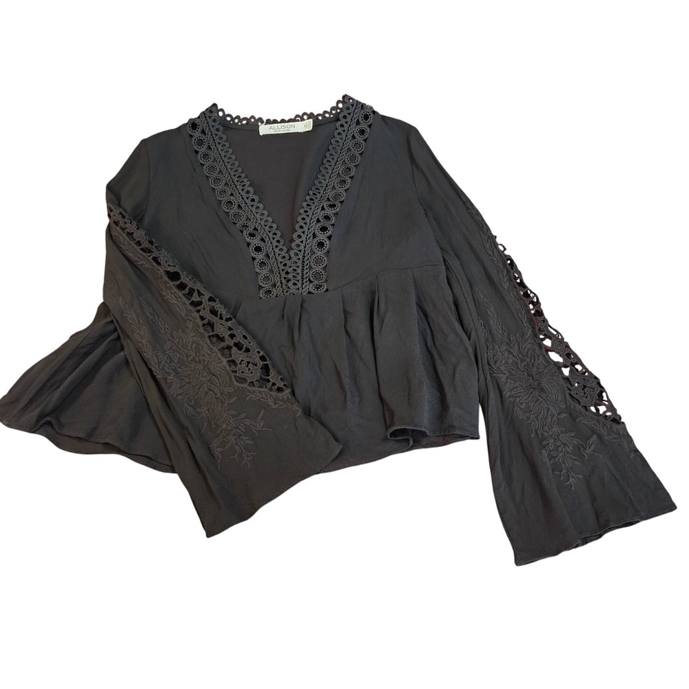 Allison New York Boho Peasant Blouse S Black Fairy Grunge Crochet Inset Peplum